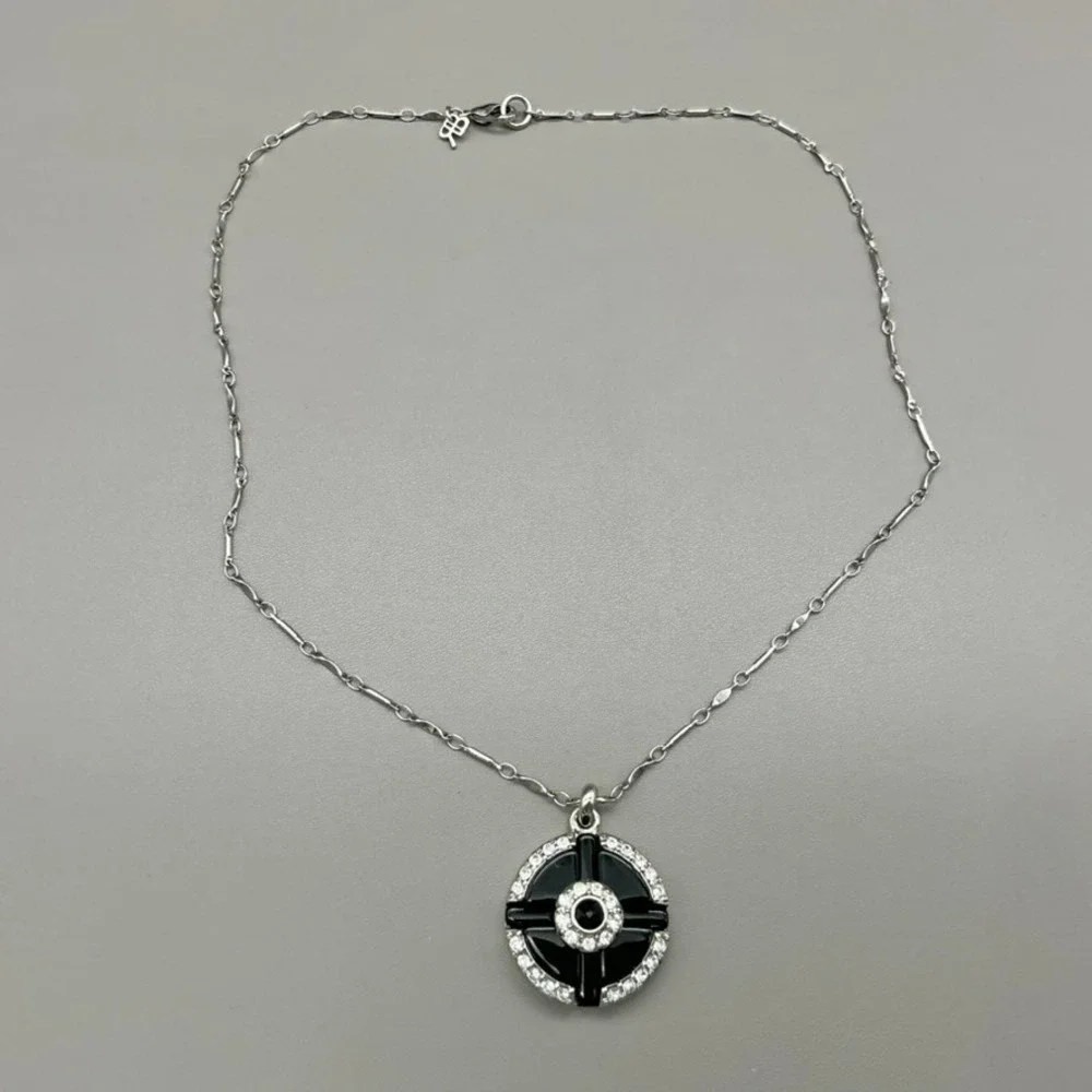 Banana Republic Necklace Womens Silver Tone Black Enamel Crystal Round 20 Inch